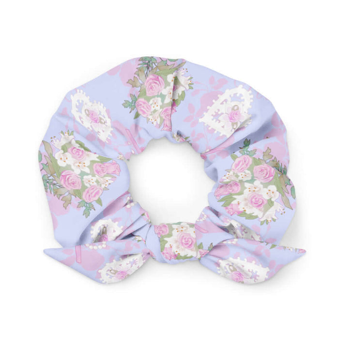 Anniversary kawaii scrunchie in blush and periwinkle with trailing rose sprigs and lace hearts