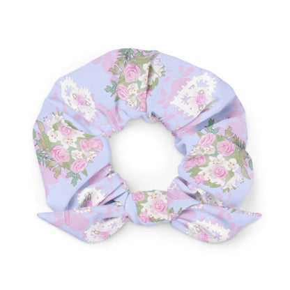 Anniversary kawaii scrunchie in blush and periwinkle with trailing rose sprigs and lace hearts