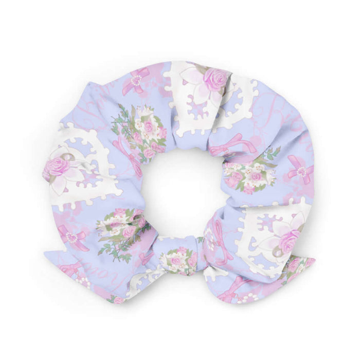Anniversary kawaii scrunchie in periwinkle with pink rose bouquets and lace hearts
