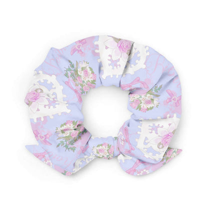 Anniversary kawaii scrunchie in periwinkle with pink rose bouquets and lace hearts