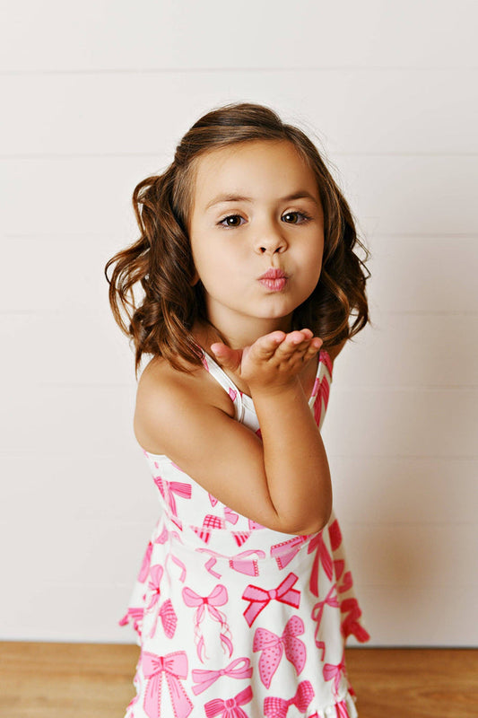 Athletic Ruffle Dress | White & Pink Bow