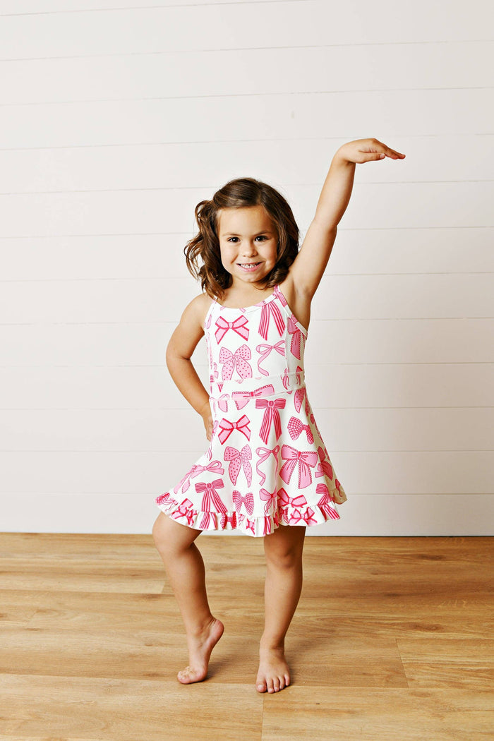 Athletic Ruffle Dress | White & Pink Bow