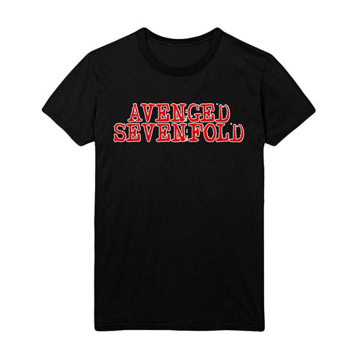 Black tee on white background. Red text reads Avenged Sevenfold on the chest.
