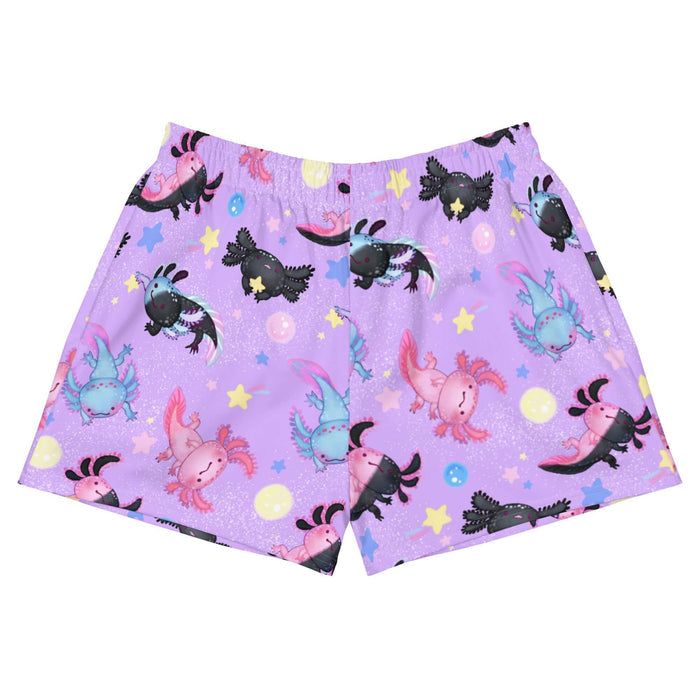 Axolotl kawaii athletic short shorts in lavender with pastel axolotls and golden stars