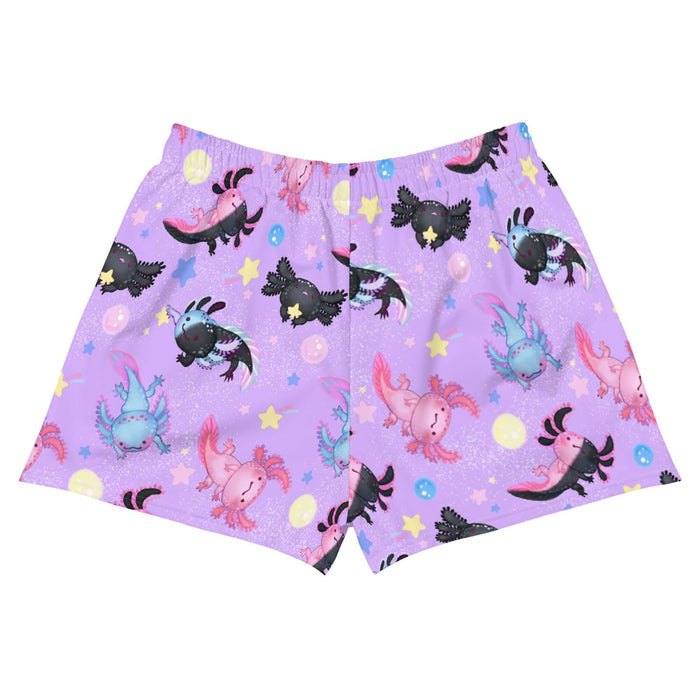 Axolotl kawaii athletic short shorts with pink and blue axolotls and cosmic glitter