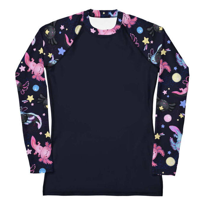 Axolotl kawaii rash guard with pink and blue axolotls and cosmic glitter
