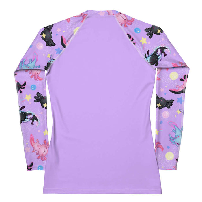 Axolotl kawaii rash guard in lavender with galaxy-black axolotls and glowing moons