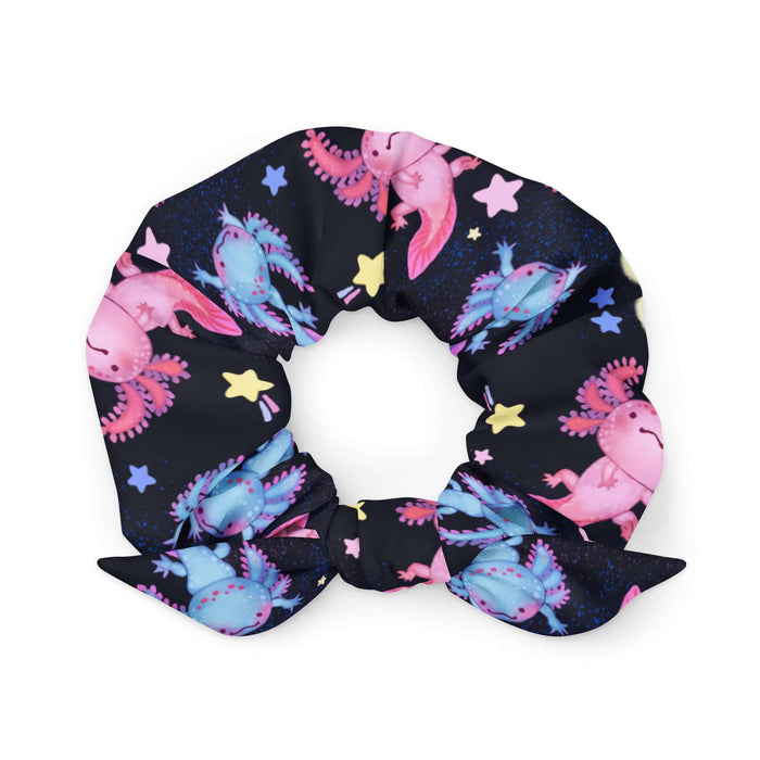 Axolotl kawaii scrunchie with frilly-gilled axolotls and shooting stars