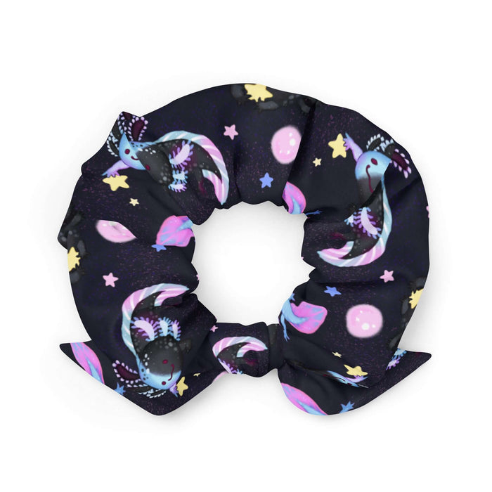Axolotl kawaii scrunchie with pastel axolotls and cosmic glitter