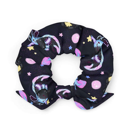 Axolotl kawaii scrunchie with pastel axolotls and cosmic glitter