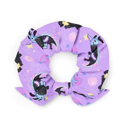 Axolotl kawaii scrunchie in lavender with blue axolotls and glowing moons