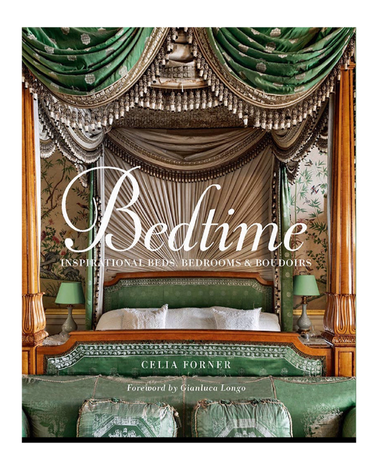 Book cover of 'Bedtime' by Celia Forner featuring an ornate bedroom with green and gold decor.