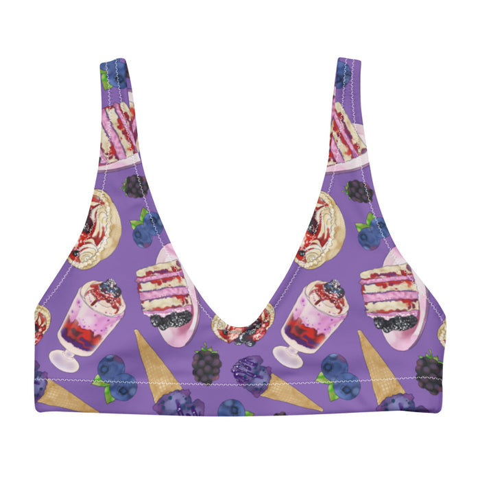 Berry kawaii padded bikini top in violet with layered berry cake and berry cream tarts