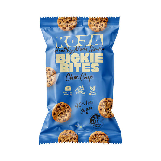 150g bag KOJA Bickie Bites in Choc Chip flavour, Australian made and vegan with 40% less sugar.