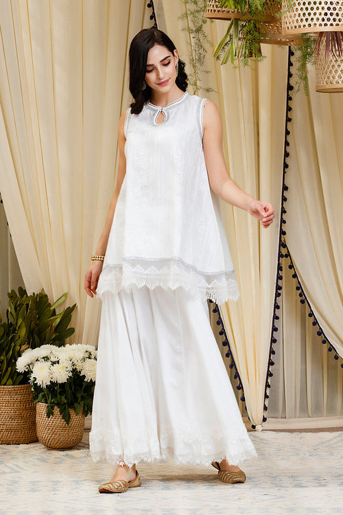 Blossom White Kurti Kurta with Sharara Set