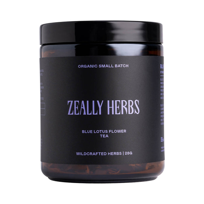 28g jar of Zeally Herbs Blue Lotus Flower Tea, organic herbal tea known for its calming, spiritual, and health-enhancing properties, traditionally used to support meditation, sleep, parasite cleansing, and emotional wellbeing.