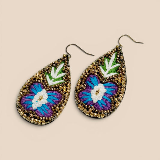 Blue & Purple Embroidered Flower Teardrop Earrings