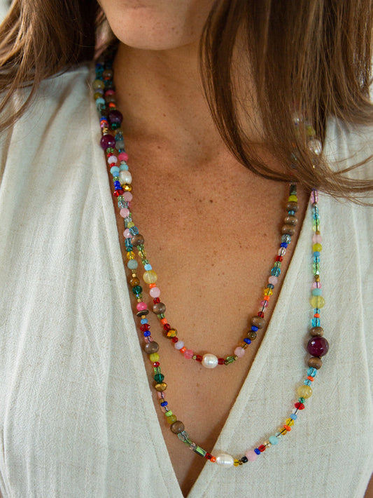 Boho Glass & Pearl Beaded Necklace - Multicolor-view 1