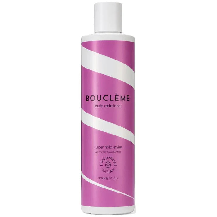 Bouclème Super Hold Styler for defined curls, plant-powered curl care in pink bottle