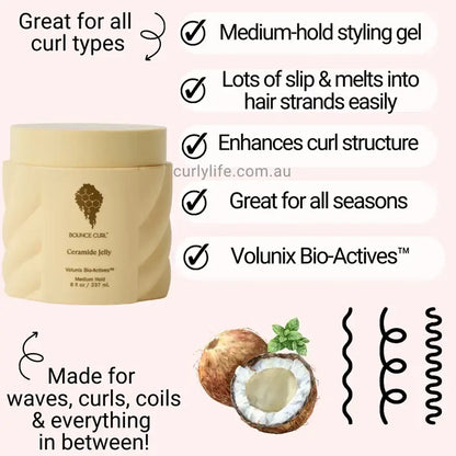 Bounce Curl Ceramide Jelly for waves, curls, coils with medium hold and Volunix Bio-Actives