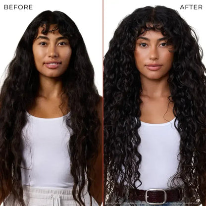 Before and after curly hair transformation with defined, bouncy curls using styling products