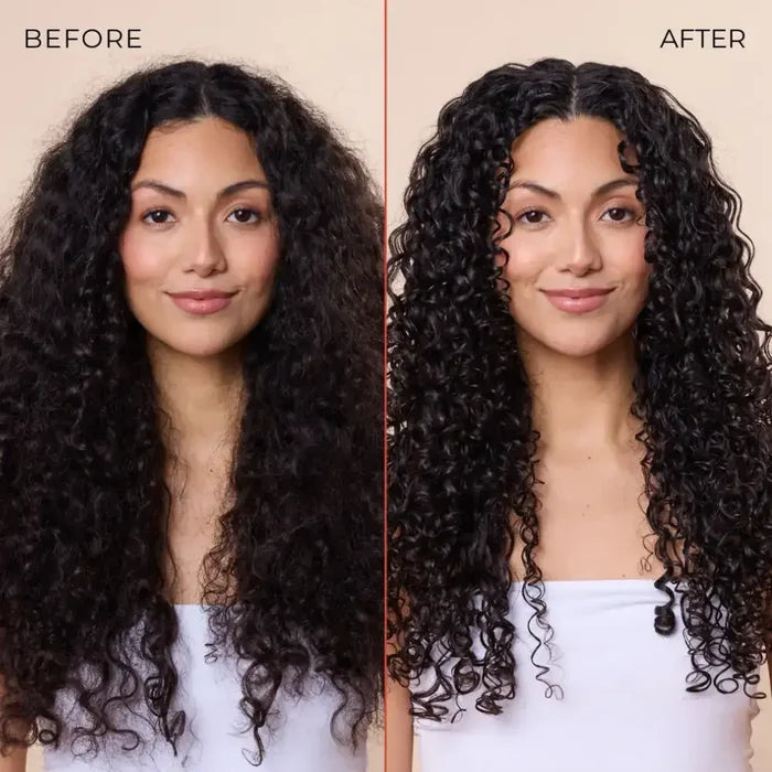 Curly hair transformation: before and after defined, bouncy curls with enhanced shine and volume