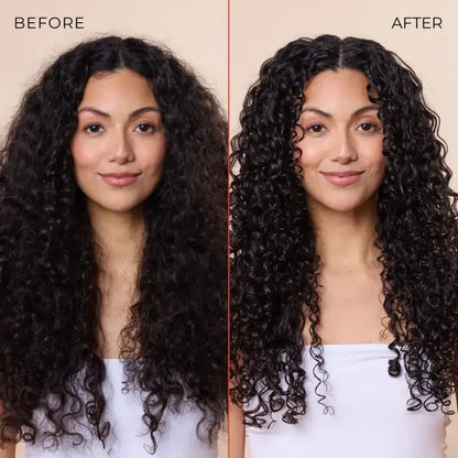 Curly hair transformation: before and after defined, bouncy curls with enhanced shine and volume
