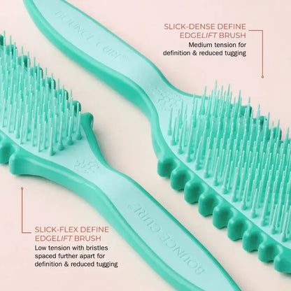 Two teal Bounce Curl Edgelift brushes for curly hair definition, featuring slick-flex and slick-dense bristle designs to reduce tugging.