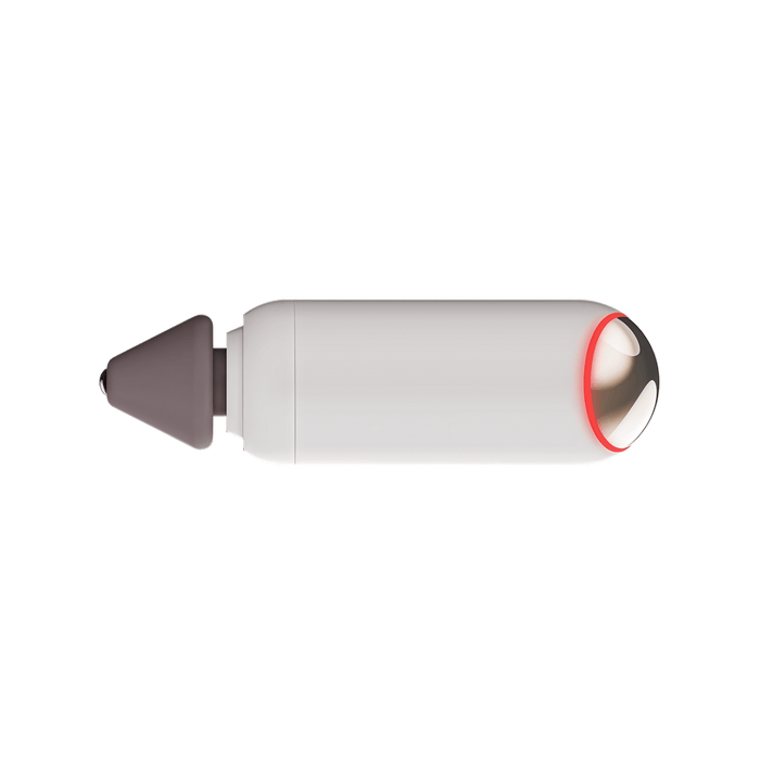 Breo Gun 7 percussion massager, white body with dark gray massage head and red detailing, muscle recovery tool.