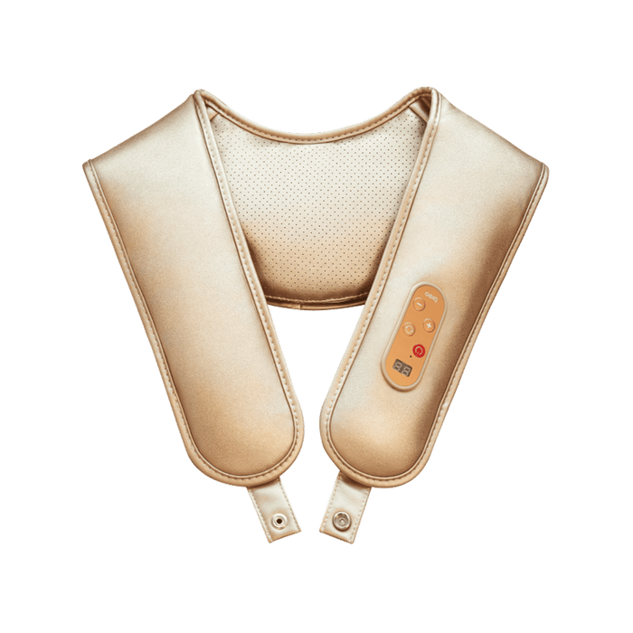 Breo N1 Pro Neck Massager in gold. Wearable design for neck and shoulder relief, with controls and display.