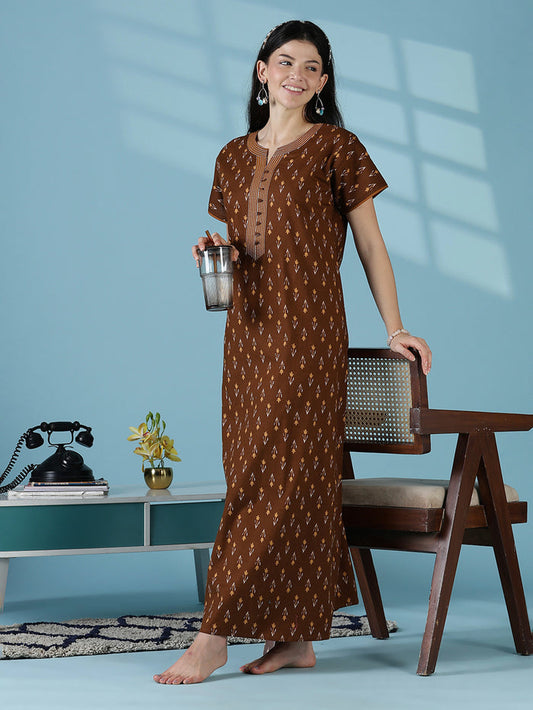 Brown ikat print 100% pure cotton nighty for women online
