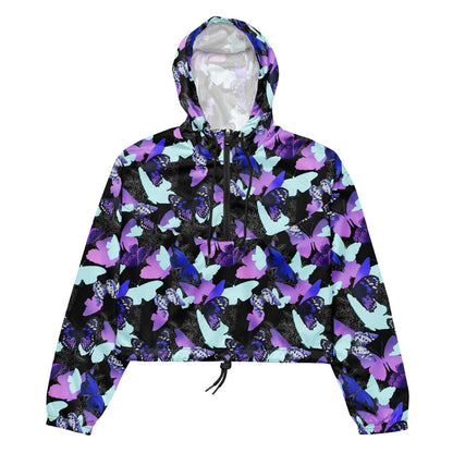 Butterfly kawaii cropped windbreaker with electric-blue wings and crimson butterflies