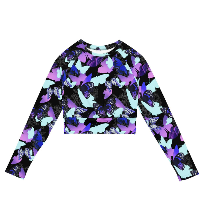 Butterfly kawaii long-sleeved crop top with electric-blue wings and crimson butterflies