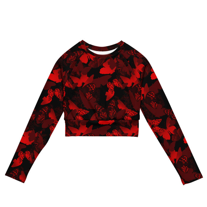 Butterfly kawaii long-sleeved crop top in crimson with layered butterfly silhouettes and cobalt wings
