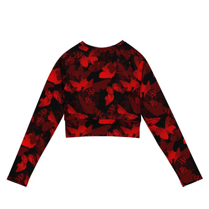 Butterfly kawaii long-sleeved crop top with scarlet butterflies and white-flecked wings