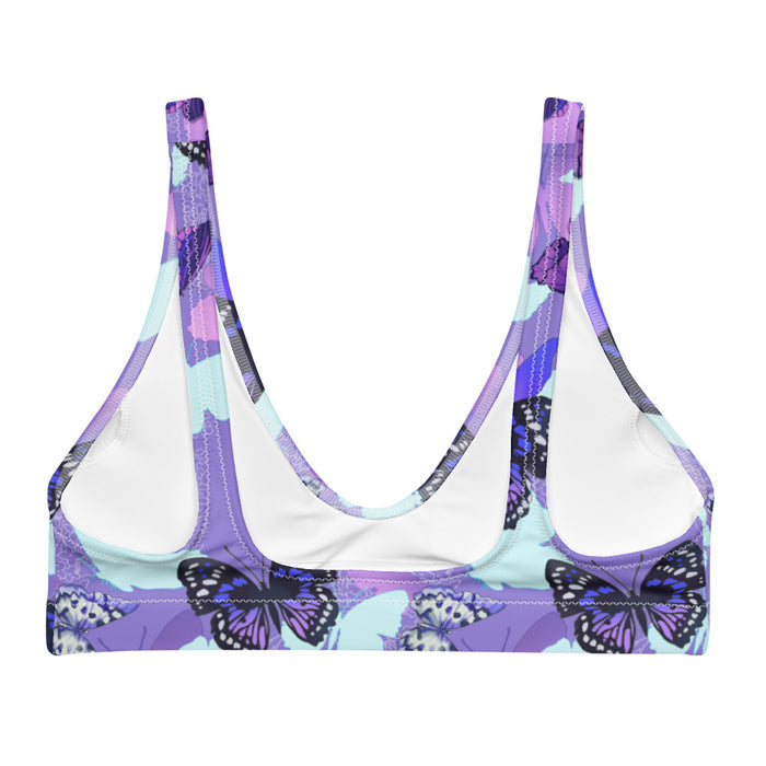 Butterfly kawaii padded bikini top in purple with navy butterflies and white-spotted wings