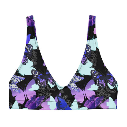 Butterfly kawaii padded bikini top in purple with electric-blue wings and crimson butterflies