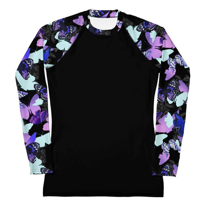 Butterfly kawaii rash guard with electric-blue wings and crimson butterflies