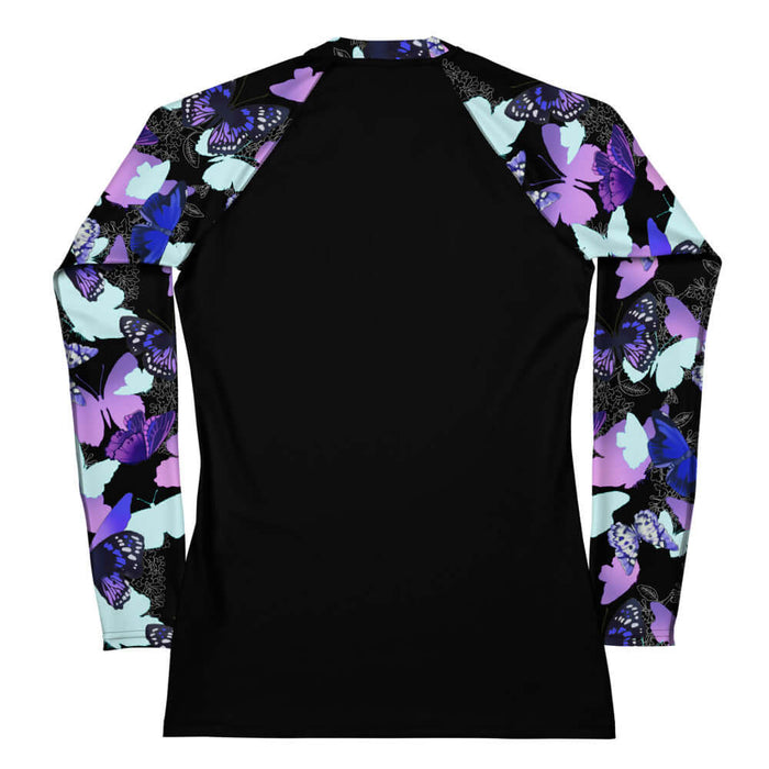 Butterfly kawaii rash guard with violet butterflies and floral line-art