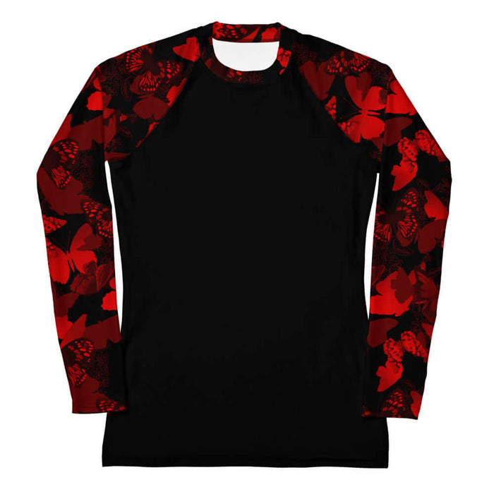 Butterfly kawaii rash guard in crimson with layered butterfly silhouettes and cobalt wings