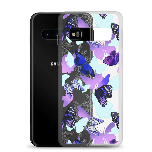 Butterfly kawaii Samsung phone case with cobalt morphos and violet wings on a clear shell
