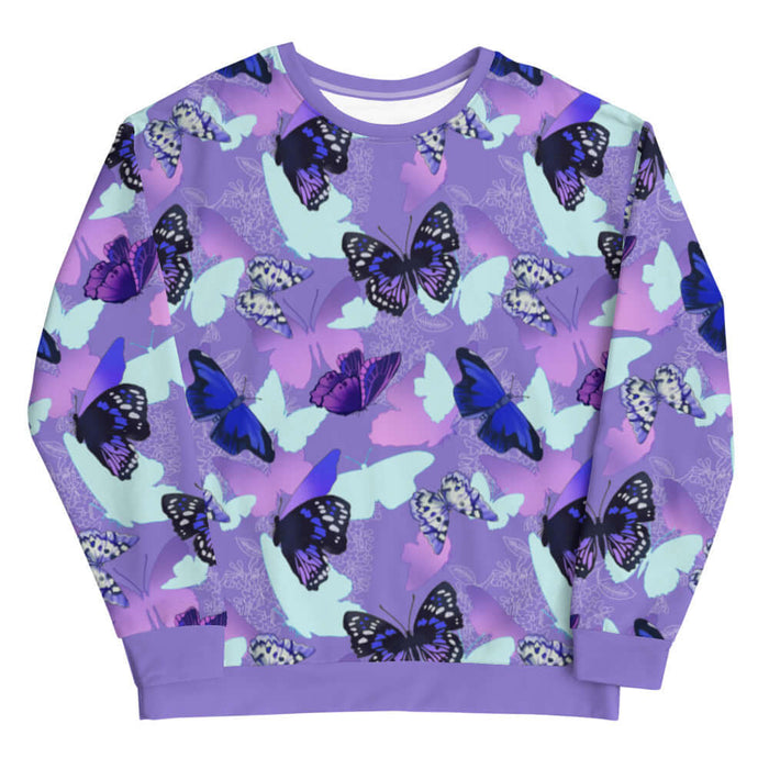 Butterfly kawaii sweatshirt in purple with cobalt morphos and violet wings