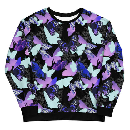 Butterfly kawaii sweatshirt with electric-blue wings and crimson butterflies