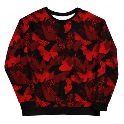 Butterfly kawaii sweatshirt in crimson with layered butterfly silhouettes and cobalt wings