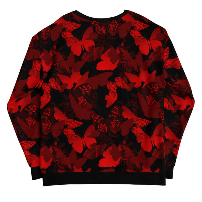 Butterfly kawaii sweatshirt in crimson with scarlet butterflies and white-flecked wings