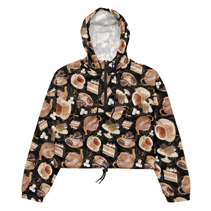Latte kawaii Café cropped windbreaker with heart-shaped teacups and tiramisu cake