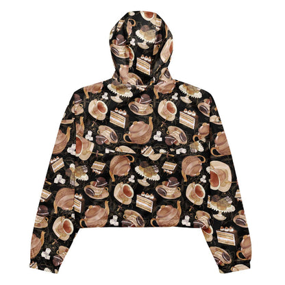 Latte kawaii Café cropped windbreaker with heart-shaped teacups and chocolate macarons