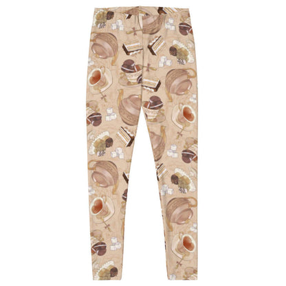 Black kawaii Café leggings with heart-shaped teacups and ornate teapots