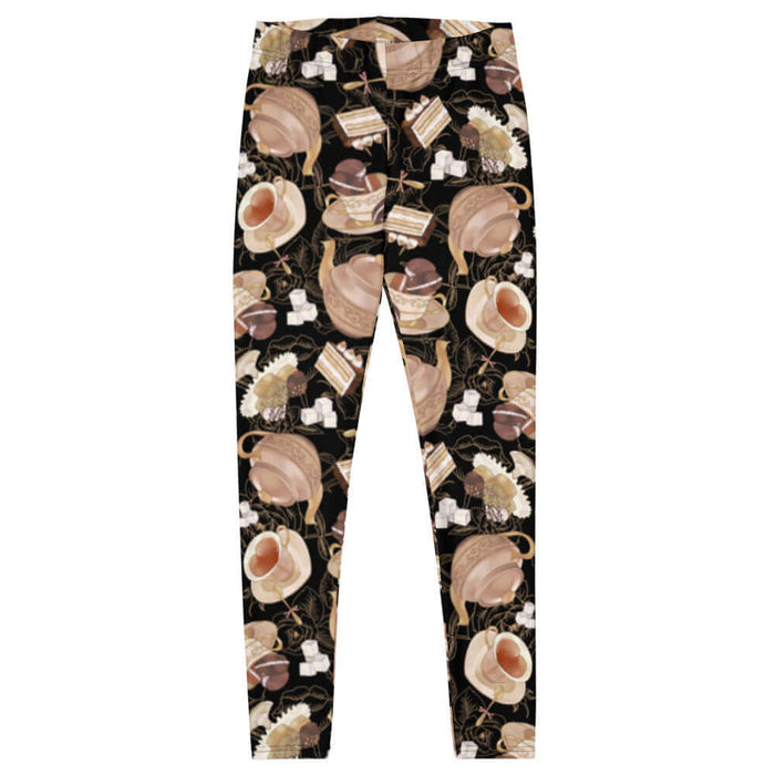 Black kawaii Café leggings with heart-shaped teacups and tiramisu cake