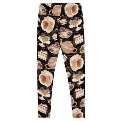 Black kawaii Café leggings with heart-shaped teacups and chocolate macarons